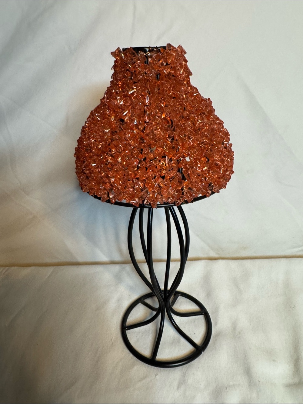 Tea Lite Beaded Candler Holder Metal Lamp & Shade w Wire Crystal Beads